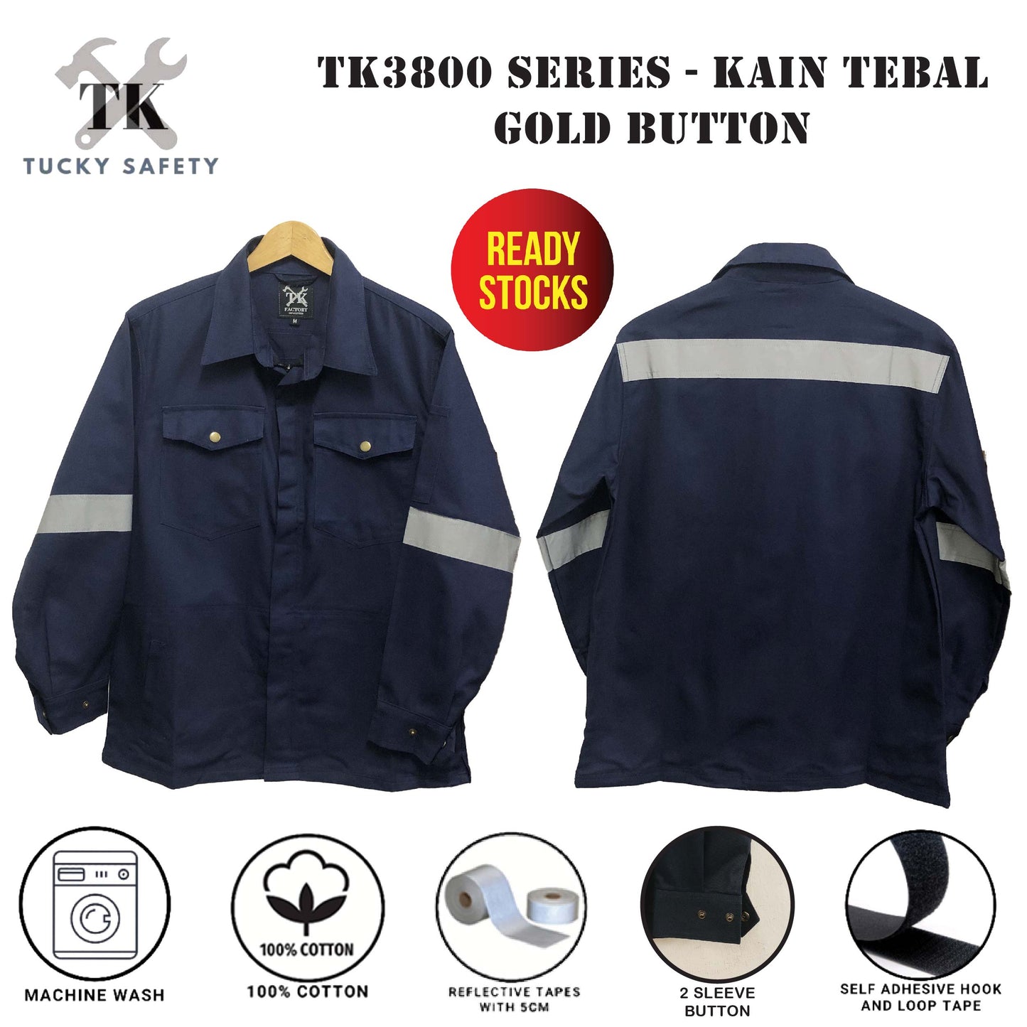 TK 3800 - 240GSM SIZE XS - 5XL TK SAFETY JACKET TEBAL / WORKING JACKET / SLEEVE GOLD BUTTON / CLOTHES BAJU KERJA LELAKI
