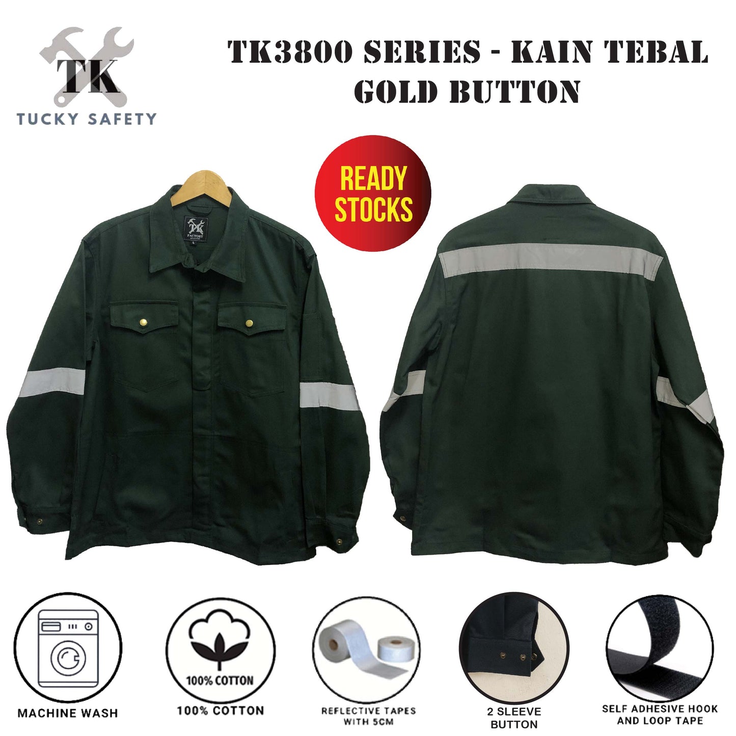 TK 3800 - 240GSM SIZE XS - 5XL TK SAFETY JACKET TEBAL / WORKING JACKET / SLEEVE GOLD BUTTON / CLOTHES BAJU KERJA LELAKI