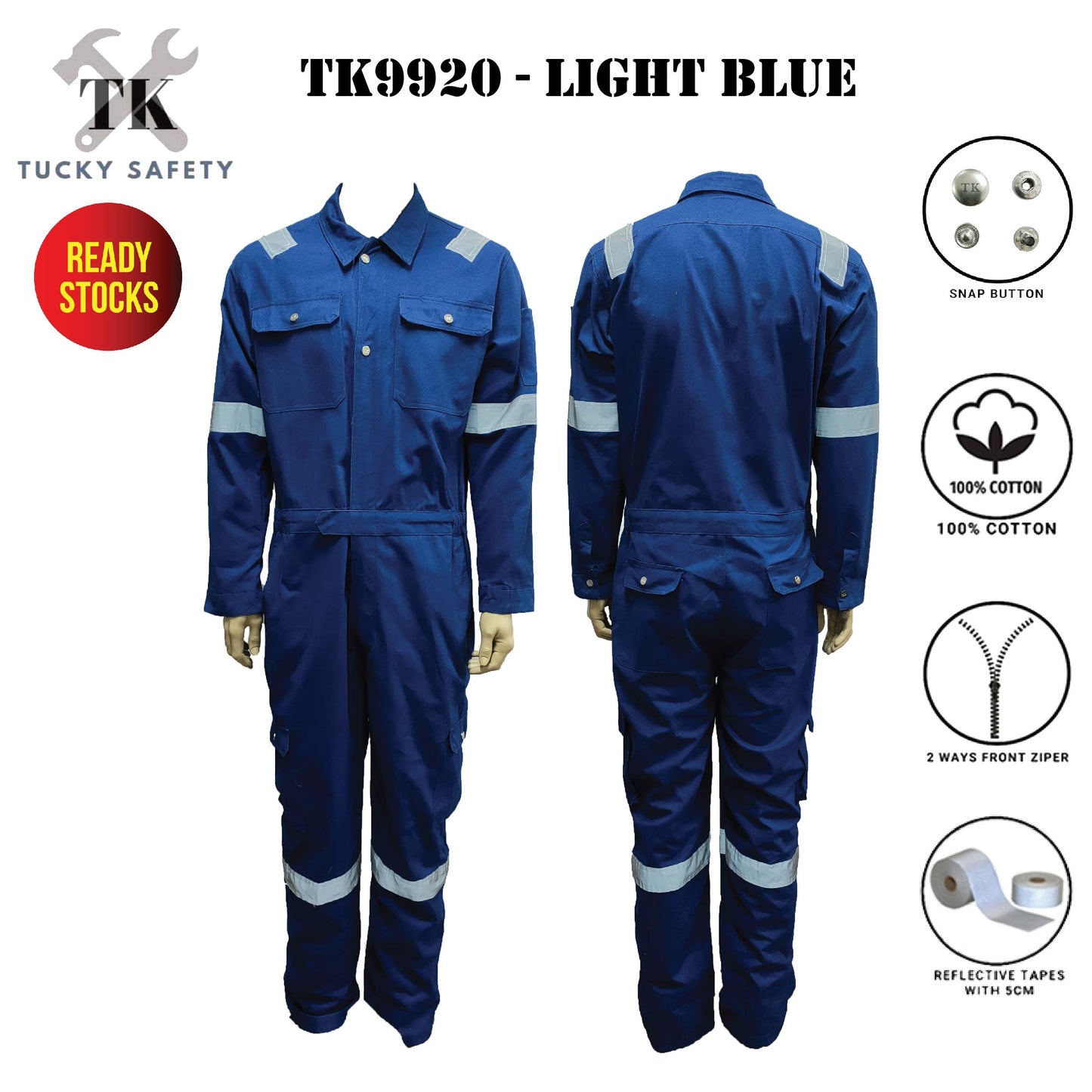 TK9920 - TK 100% COTTON MEN'S WORKING COVERALL WITH BUTTON / DOUBLE ZIPPER / COVERALL KERJA LELAKI - DARK BLUE & LIGHT BLUE