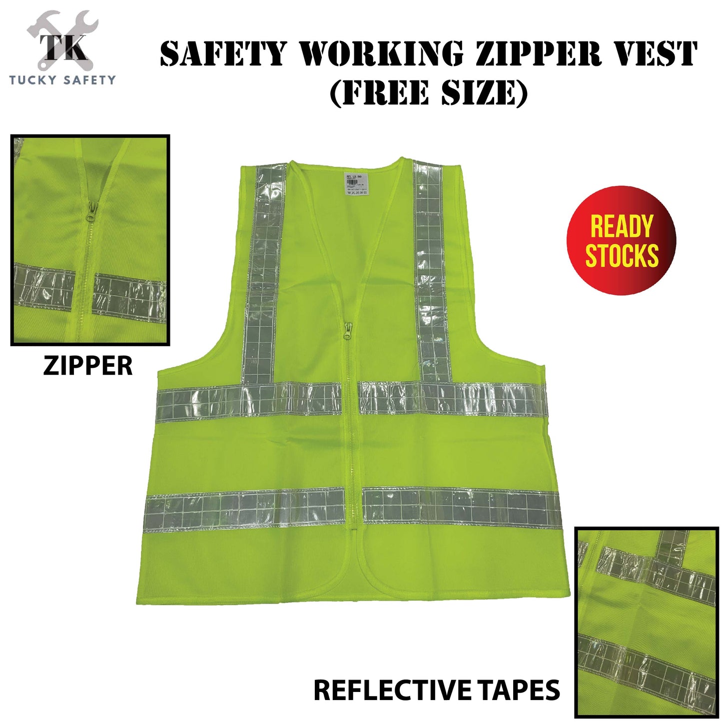 【READY STOCK】VEST YELLOW FREE SIZE SAFETY WORKING VEST REFLECTIVE TAPES / ZIPPER VEST / BREATHABLE