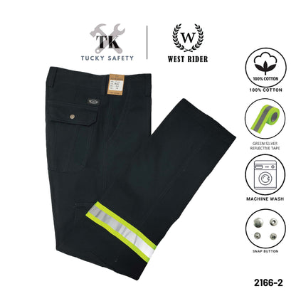 2166-2-BL Green Silver Line ( SIZE 28-50 ) WEST RIDER MEN'S REFLECTIVE WORKING PANTS STRAIGHT CUT / CARGO PANTS / SELUAR KERJA LELAKI