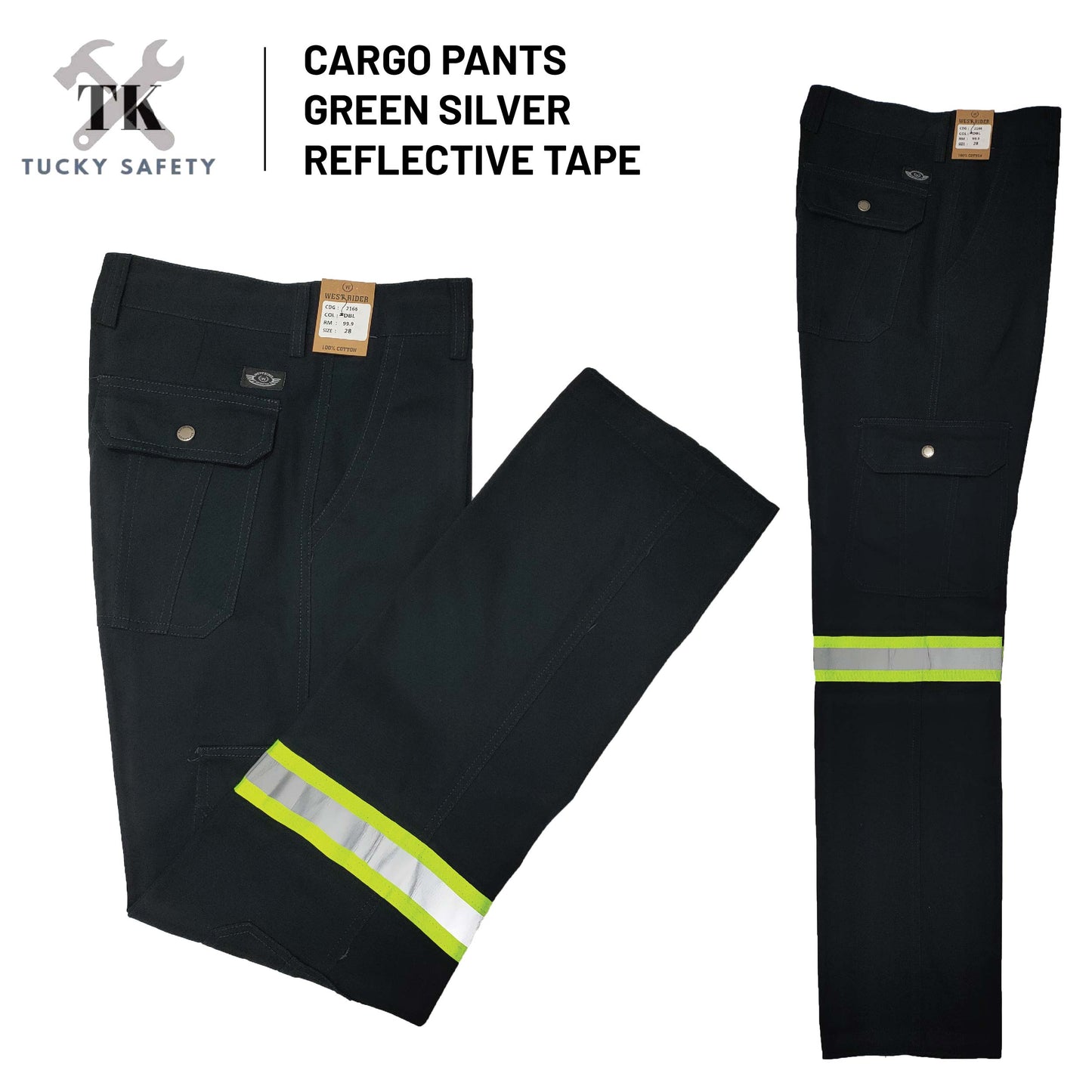 2166-2-BL Green Silver Line ( SIZE 28-50 ) WEST RIDER MEN'S REFLECTIVE WORKING PANTS STRAIGHT CUT / CARGO PANTS / SELUAR KERJA LELAKI