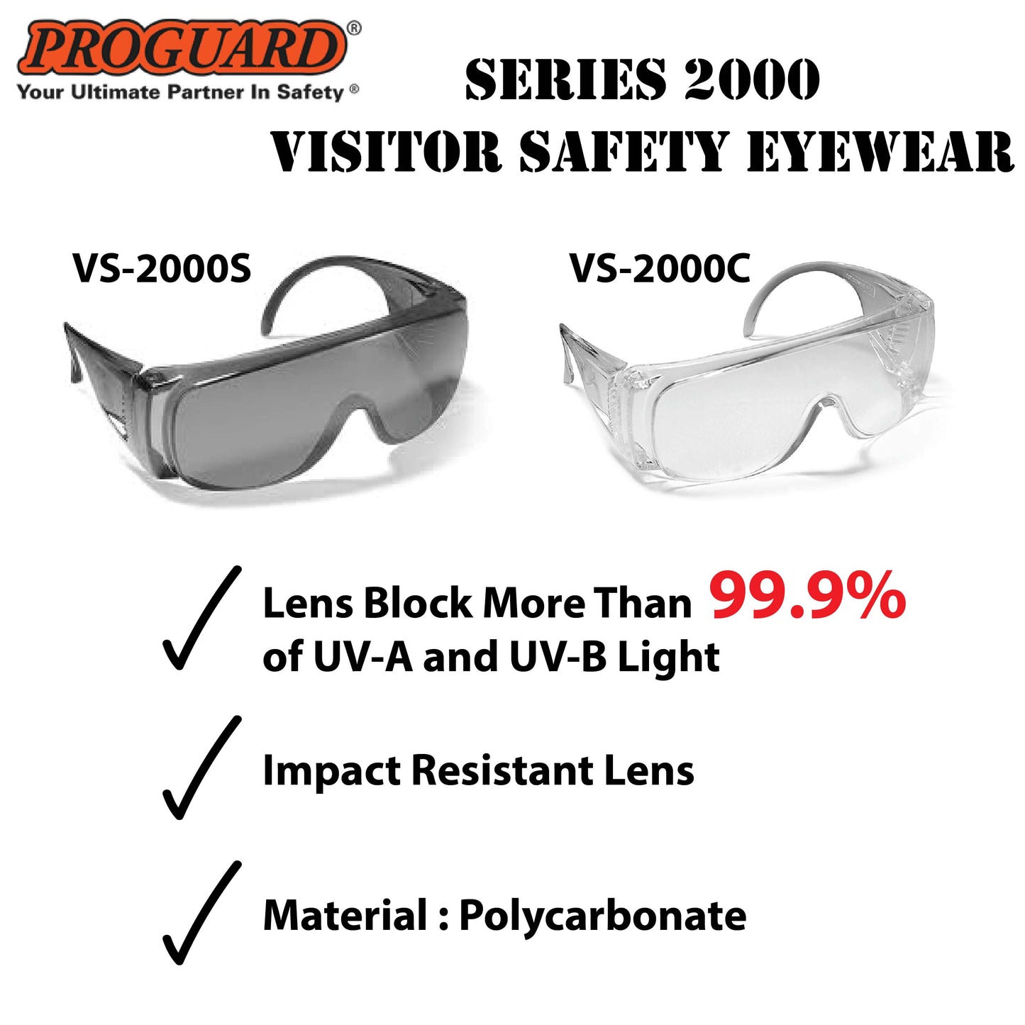 VS-2000 Clear & Smoke Lens PROGUARD Series 2000 Visitor Safety Eyewear VS-2000C / VS-2000S Impact Resistant Lens Clear Lens / Smoke Lens