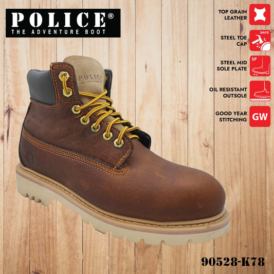 90528-K78 POLICE PREMIUM LEATHER MEN'S SAFETY BOOT / MEN'S HEAVY DUTY SAFETY BOOT / KASUT KERJA LELAKI - BROWN