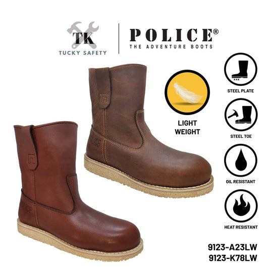 9123 Light Weight - [ POLICE ] LIGHT WEIGHT PREMIUM LEATHER MEN'S SAFETY BOOT / KASUT KERJA SAFETY BOOT LELAKI