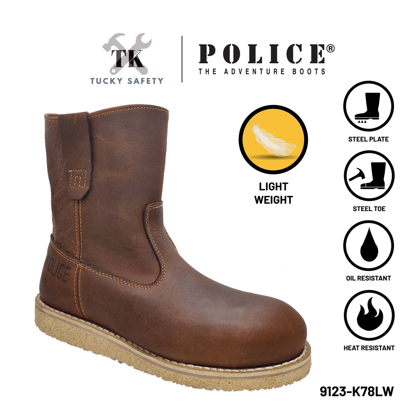 9123 Light Weight - [ POLICE ] LIGHT WEIGHT PREMIUM LEATHER MEN'S SAFETY BOOT / KASUT KERJA SAFETY BOOT LELAKI