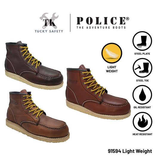 91594 Light Weight - [ POLICE ] LIGHT WEIGHT PREMIUM LEATHER MEN'S SAFETY BOOT / KASUT KERJA SAFETY BOOT LELAKI