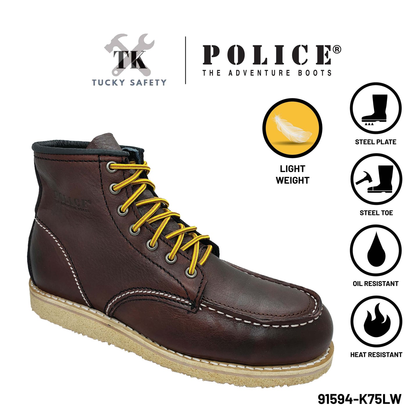 91594 Light Weight - [ POLICE ] LIGHT WEIGHT PREMIUM LEATHER MEN'S SAFETY BOOT / KASUT KERJA SAFETY BOOT LELAKI