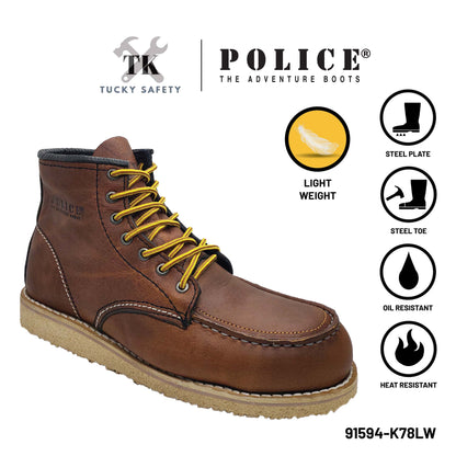 91594 Light Weight - [ POLICE ] LIGHT WEIGHT PREMIUM LEATHER MEN'S SAFETY BOOT / KASUT KERJA SAFETY BOOT LELAKI