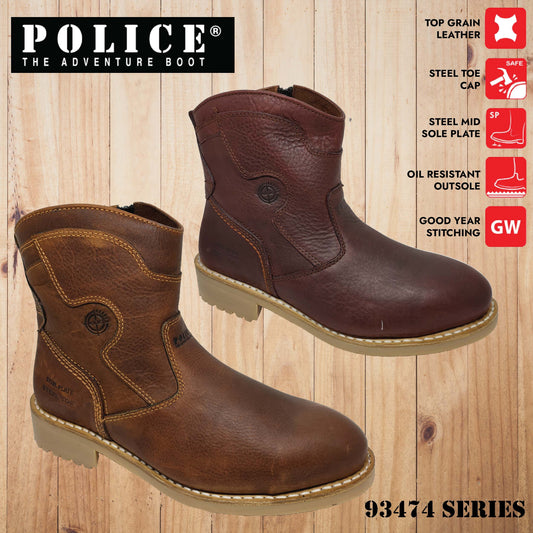 93474 SERIES - POLICE PREMIUM LEATHER MEN SAFETY BOOT 93474 / MEN'S HEAVY DUTY SAFETY BOOT / KASUT KERJA LELAKI STEEL PLATE STEEL TOE