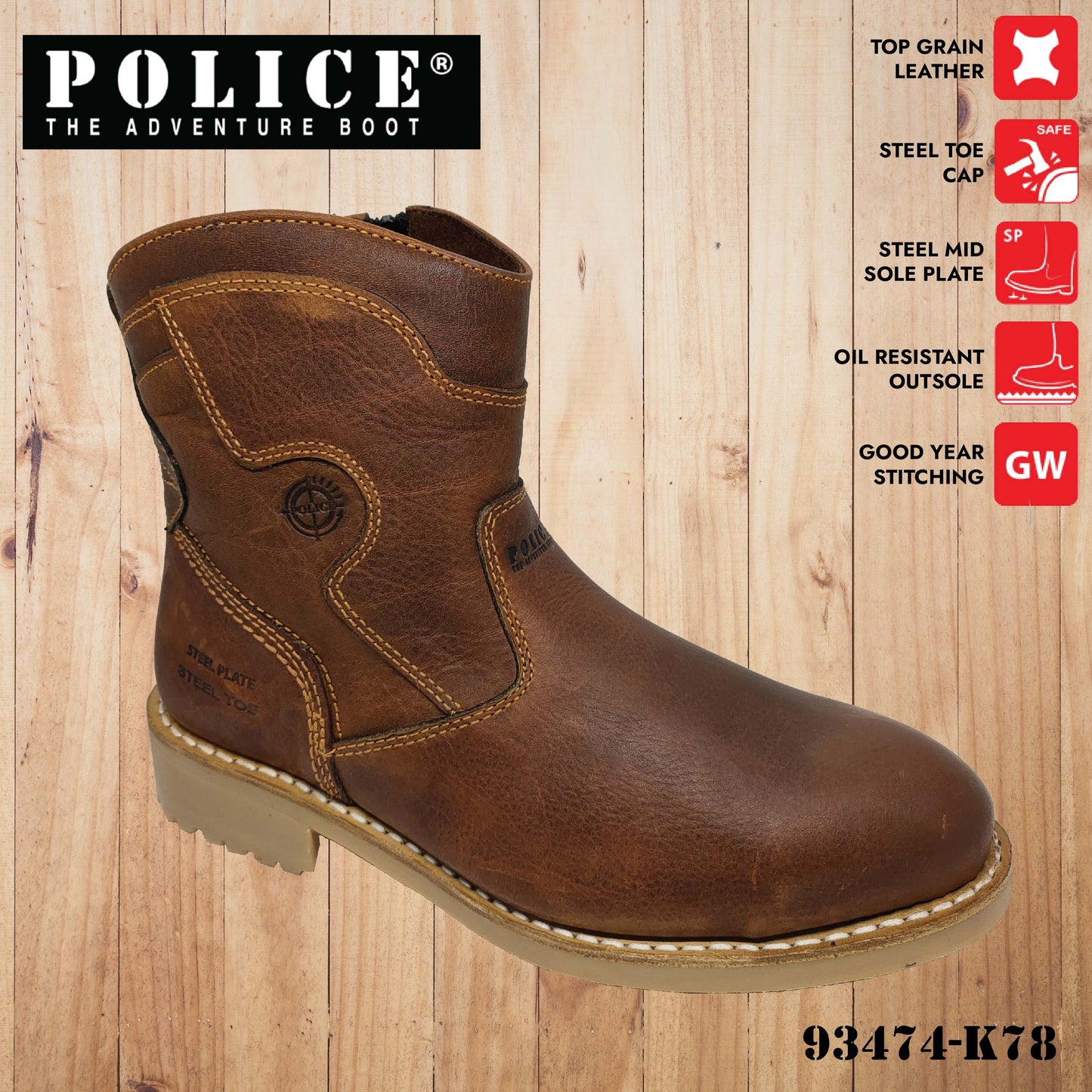 93474 SERIES - POLICE PREMIUM LEATHER MEN SAFETY BOOT 93474 / MEN'S HEAVY DUTY SAFETY BOOT / KASUT KERJA LELAKI STEEL PLATE STEEL TOE