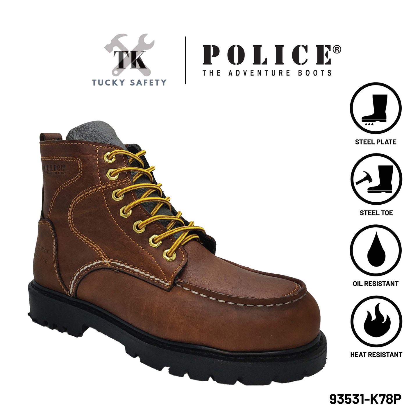 93531 SERIES POLICE PREMIUM LEATHER SAFETY BOOT MEN'S HEAVY DUTY SAFETY BOOT KASUT KERJA BOOT LELAKI LACE UP BOOT