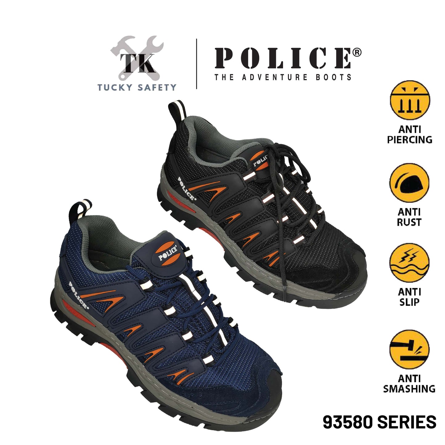 93580 SERIES [ POLICE ] SPORT SERIES STEEL TOE STEEL PLATE SIDE STITCHING SPORT LOOK SAFETY SHOE WITH REFLECTIVE