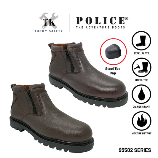 93582 SERIES POLICE PREMIUM LEATHER SAFETY BOOT MEN'S HEAVY DUTY SAFETY BOOT KASUT KERJA BOOT LELAKI ZIP BOOT