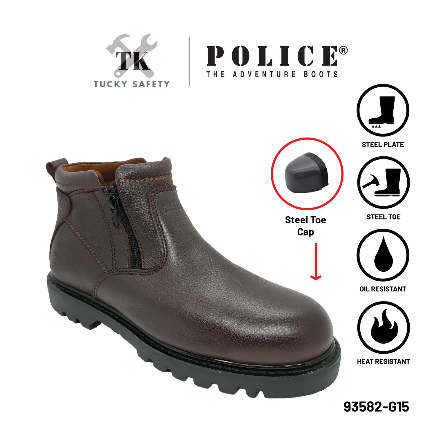 93582 SERIES POLICE PREMIUM LEATHER SAFETY BOOT MEN'S HEAVY DUTY SAFETY BOOT KASUT KERJA BOOT LELAKI ZIP BOOT