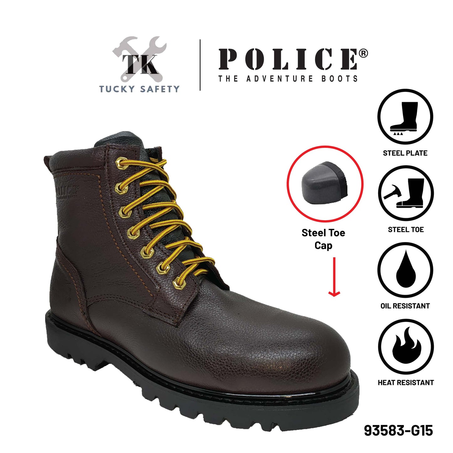 93583 SERIES POLICE PREMIUM LEATHER SAFETY BOOT MEN'S HEAVY DUTY SAFETY BOOT KASUT KERJA BOOT LELAKI LACE UP BOOT