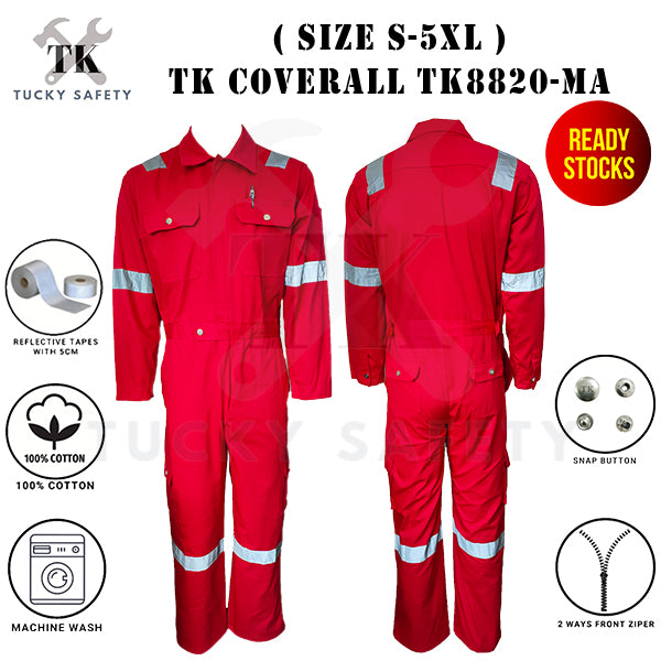 TK8820 TK 100% COTTON MEN'S WORKING COVERALL WITH BUTTON / DOUBLE ZIPPER COVERALL KERJA LELAKI- MAROON