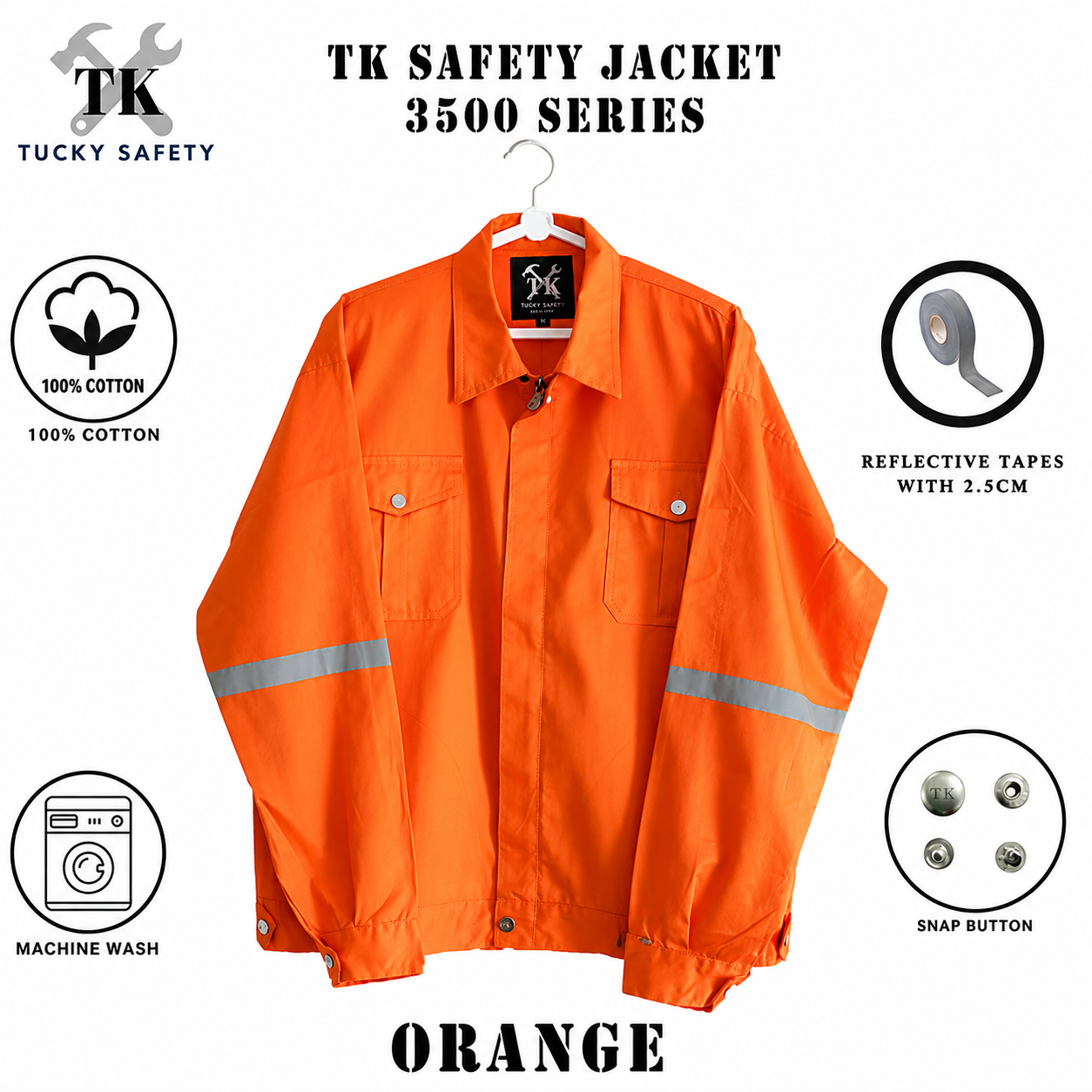 TK3500 - ORANGE TK 100% COTTON MEN'S SAFETY WORKING JACKET / MEN'S COOLER WORKING JACKET / BAJU KERJA LELAKI 3500