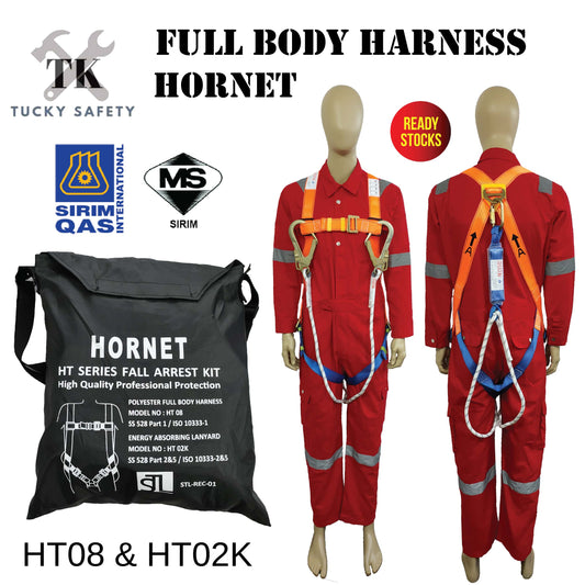 [ HORNET ] SAFETY FULL BODY HARNESS FALL PROTECTION WITH POLYAMIDE LANYARD LARGE HOOK & ABSORBER HT08 & HT02K