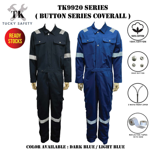 TK9920 - TK 100% COTTON MEN'S WORKING COVERALL WITH BUTTON / DOUBLE ZIPPER / COVERALL KERJA LELAKI - DARK BLUE & LIGHT BLUE