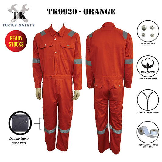 TK9920 TK HEAVY DUTY COVERALL WITH BUTTON 100% COTTON COVERALL - ORANGE COLOR DOUBLE LAYER KNEE