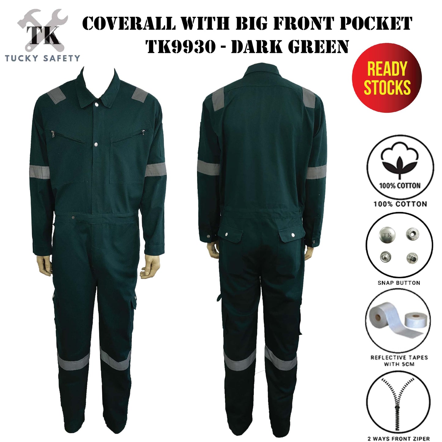 TK9930 - TK 100% COTTON MEN'S WORKING COVERALL WITH BUTTON / DOUBLE ZIPPER / COVERALL KERJA LELAKI COVERALL