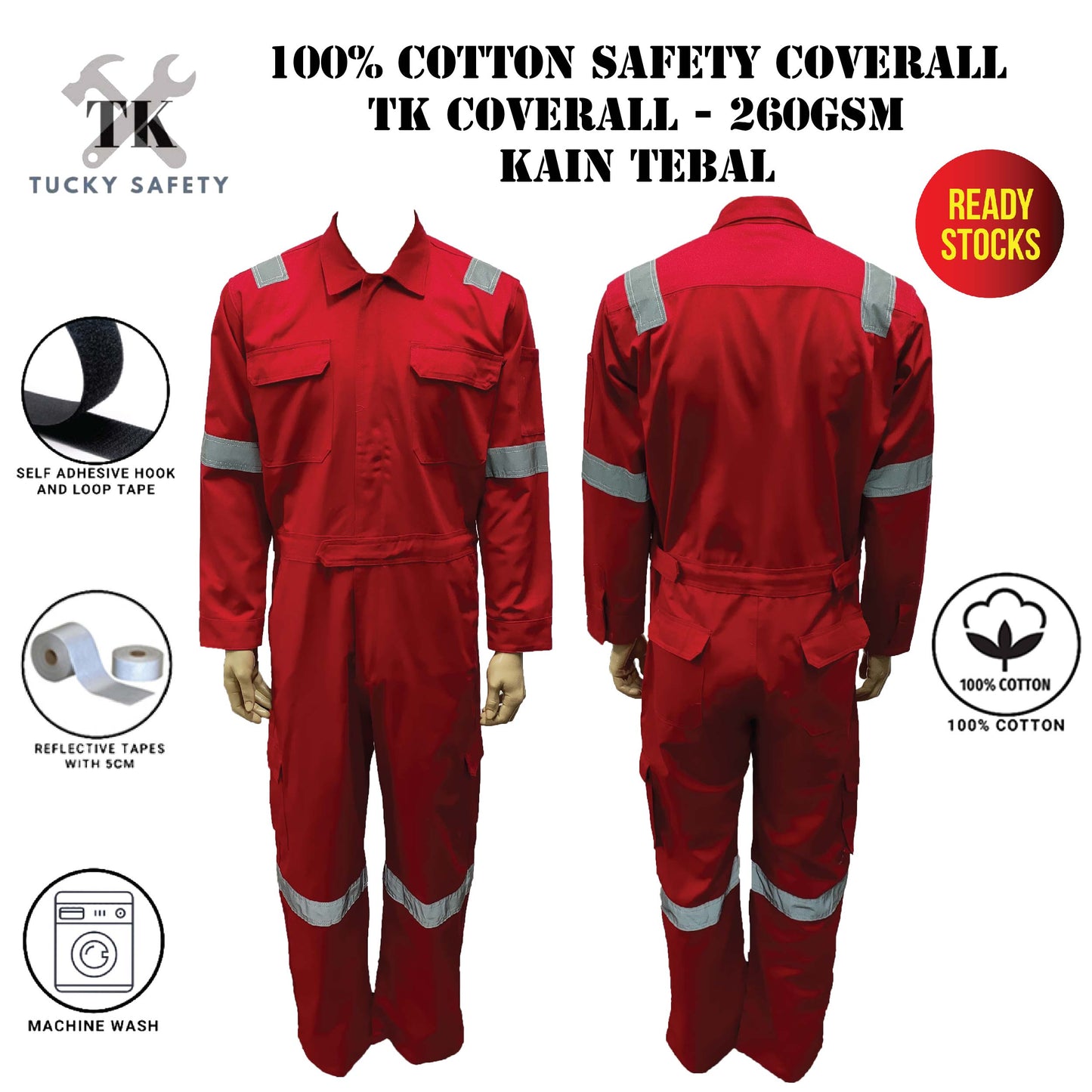 TK COVERALL THICK SAFETY REFLECTIVE COVERALL - RED Color Kain Tebal