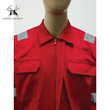 TK COVERALL THICK SAFETY REFLECTIVE COVERALL - RED Color Kain Tebal