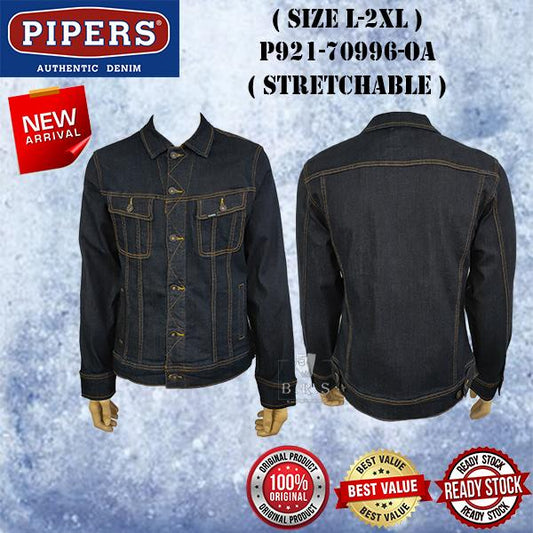 P921-70996 [ PIPERS ]  ( SIZE L-2XL ) MEN'S DENIM STRETCHABLE JEANS JACKET / PLAIN CASUAL LONG SLEEVE JACKET