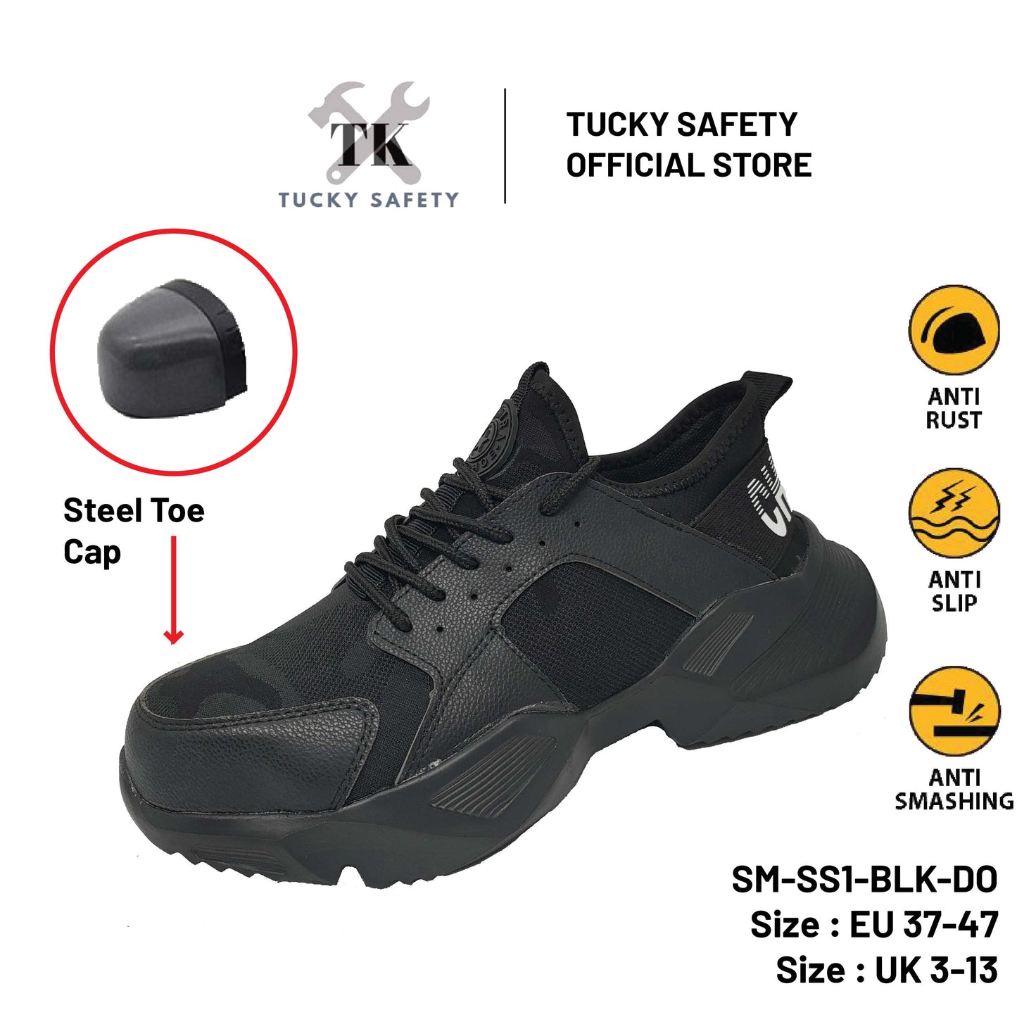 SM-SS1-BLK Ultra Light Safety Shoe Men Steel Toe Cap Anti-smashing Light Weight Sport Safety Shoes Work Shoe