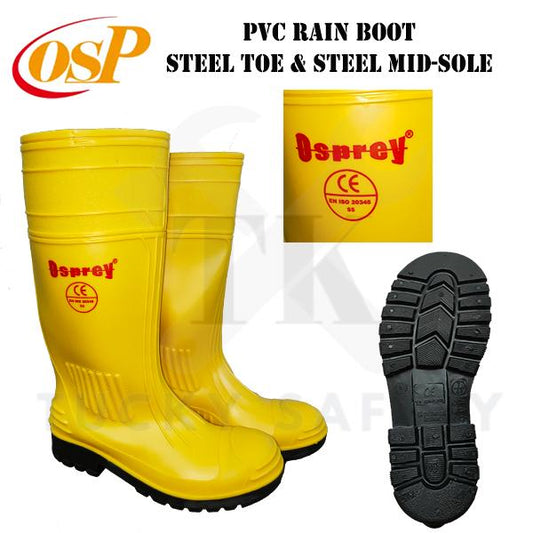 [ READY STOCK ] ( SIZE 5-11 ) OSP SAFETY RUBBER BOOTS WITH STEEL TOE CAP AND MID SOLE / RICO YELLOW BOOT